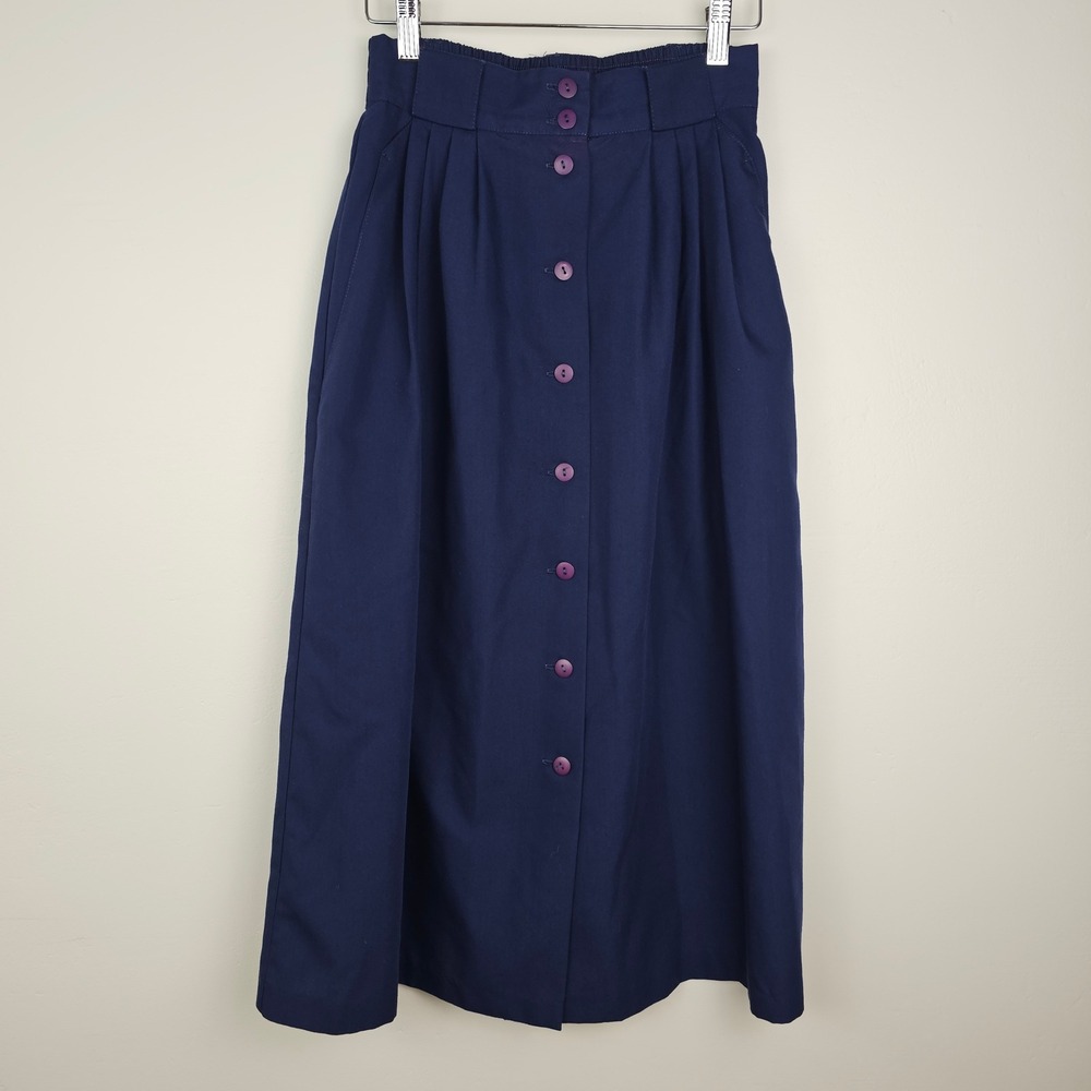 Petite Sophisticate Skirt Women Size 4 Navy Blue Button Front Midi Pleated